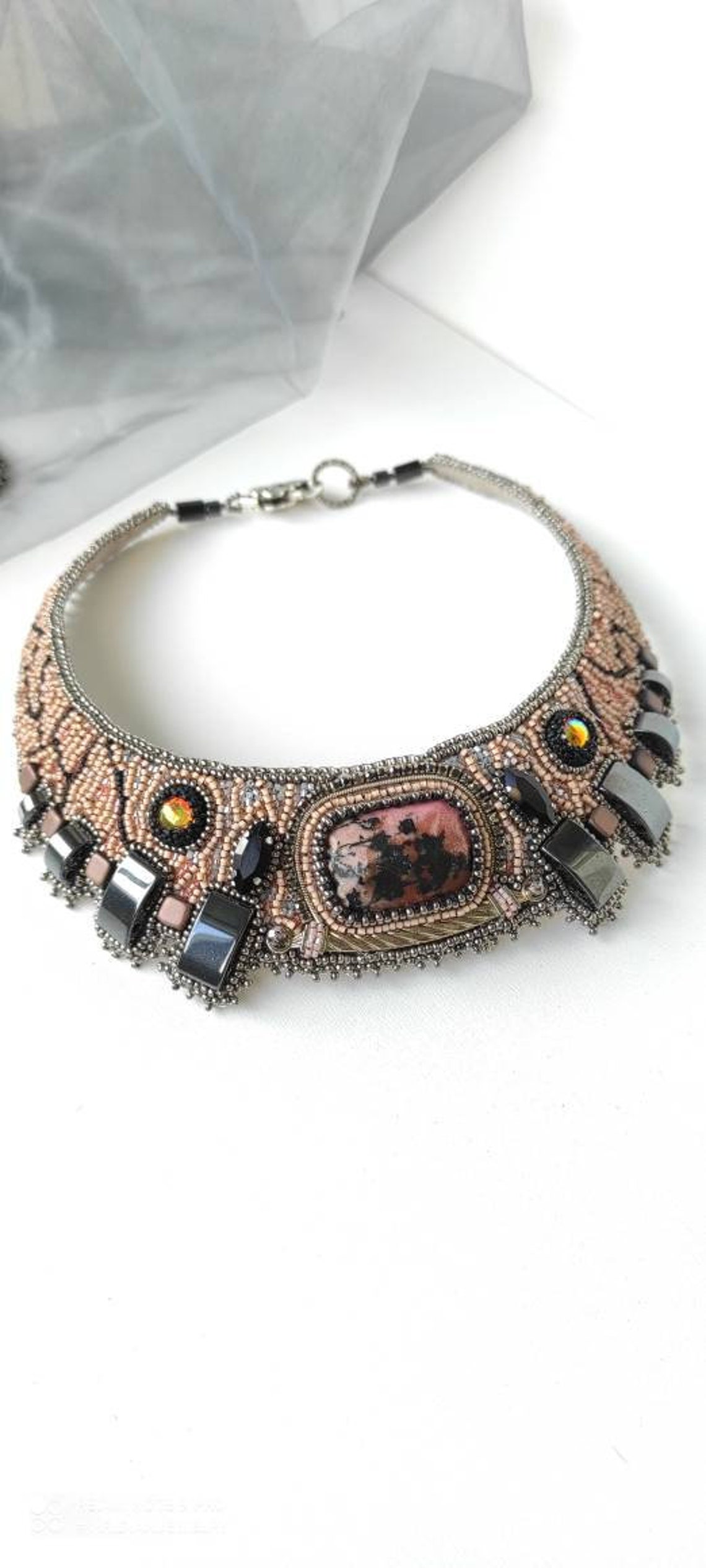 Long Pink Necklace Art Embroidered Necklace Statement Necklace Etsy