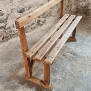 Vintage French Oak Bench – 1950s Rustic Farmhouse Hallway Seating with Backrest – Solid Wood Antique Bench 140 cm