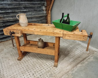 Oude werkbank beukenhout sidetable badkamermeubel