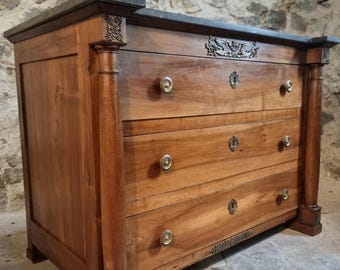 Antike Kommode aus Nussbaum & Eiche, Schubladenschrank mit Marmorplatte, 3 Schubladen, Frankreich