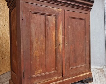 Antique cabinet sideboard, 19th century wall cupboard, brick red