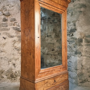 Antique French Louis Philippe Wardrobe / Armoire – Elm & Oak, 19th Century, Mirror Door, 2 Drawers
