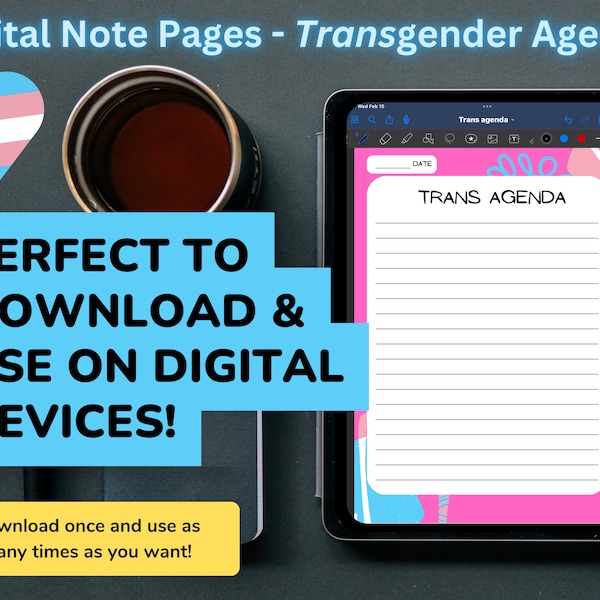 Digital Download "Trans Agenda" Lined Notepad Paper - Transgender Pride! Use on tablet or print + Bonus Free Trans Rights printable postcard