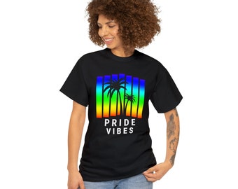 PRIDE VIBES Black Unisex Heavy Cotton Tee | Rainbow Spectrum Bars | Palm Trees Silhouette | LGBTQ+ Pride Shirt