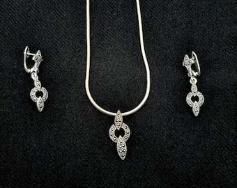 Sterling Silver Marcasite Jewelry Set, Pendant and Earrings