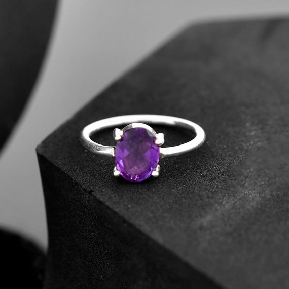 Anello in argento sterling 925 con ametista: pietra preziosa ovale, anello di fidanzamento delicato - Italia