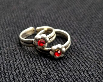 Sterling Silver Toe Ring | Red Gemstone, Adjustable Boho Jewelry