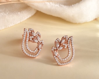 Rose Gold Moissanite Leaf Stud Earrings, Sterling Silver Vine Jewelry