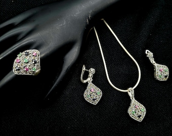 Vintage Marcasite Jewelry Set, Sterling Silver Ring, Earrings, Pendant