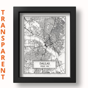 Carte TRANSPARENTE de la ville de Dallas, carte détaillée de Dallas, art mural de Dallas, impression de Dallas, affiche de Dallas, cadeau de Dallas, décoration murale de Dallas, carte des États-Unis, Texas