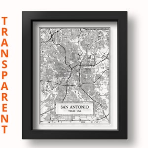 Mapa de la ciudad de San Antonio TRANSPARENTE Mapa detallado de San Antonio Arte mural de San Antonio Impresión de San Antonio Póster de San Antonio Mapa de arte mural de Texas Regalo