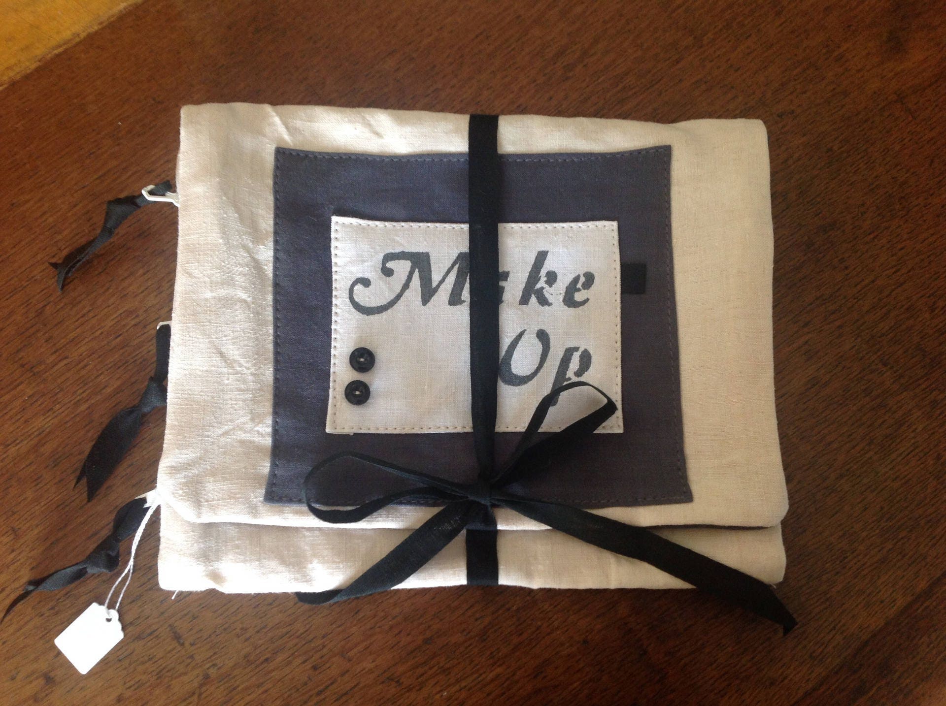 Pochette à Maquillage Ivoire et Gris Ardoise en Linge Ancien Décor Au Pochoir