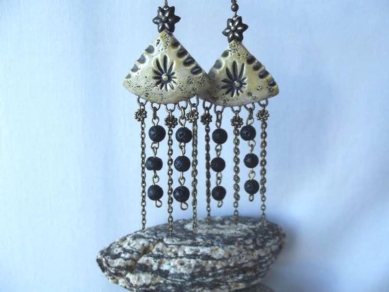 natural lava France handmade Designer earrings ceramic passionnementseize ethnic boho unique beads bronze chain