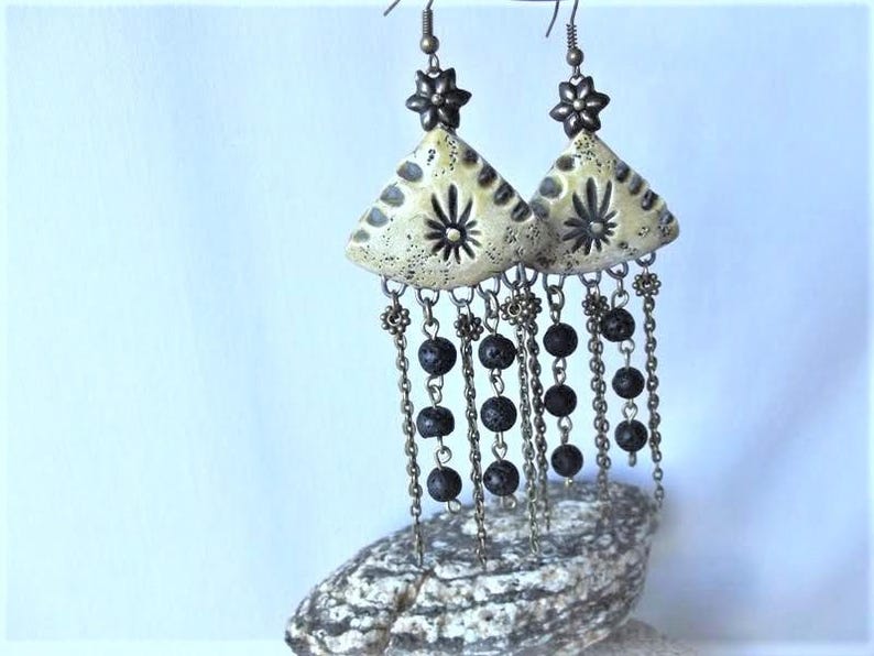 natural lava France handmade Designer earrings ceramic passionnementseize ethnic boho unique beads bronze chain