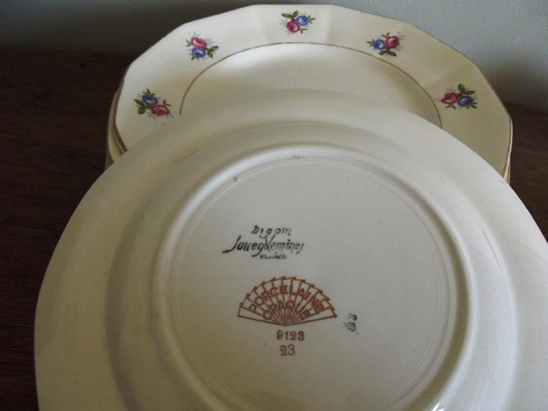old porcelain plates lot of 6 pink and blue flowers France Antique dessert plates 191020 Digoin Sarreguemines opaque porcelain