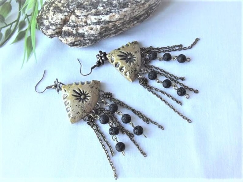 natural lava France handmade Designer earrings ceramic passionnementseize ethnic boho unique beads bronze chain