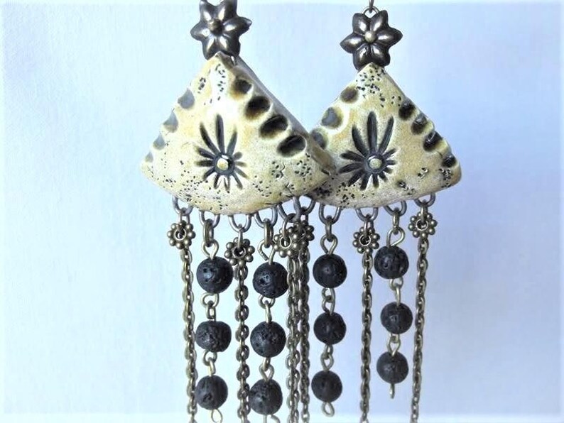 natural lava France handmade Designer earrings ceramic passionnementseize ethnic boho unique beads bronze chain