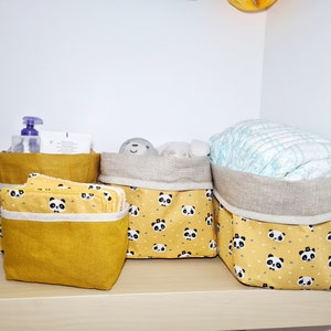 Changing table baskets, diaper basket, storage basket in yellow cotton fabric with panda print and coated linen