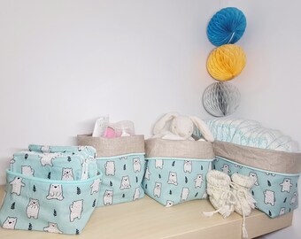 Panières de table à langer et leurs lingettes lavable bébé, corbeille à couche et panier de rangement en lin enduit et tissu imprimé oursons