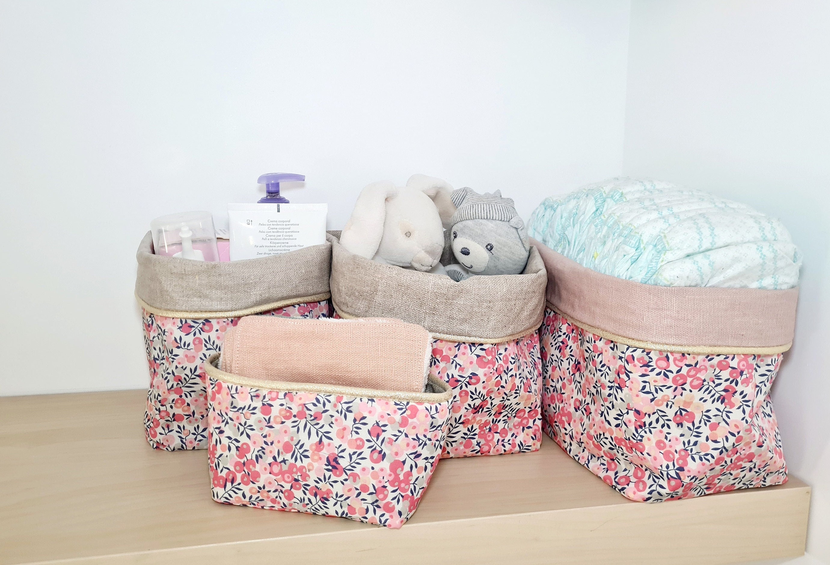 Panier de rangement en tissu, rangement table à langer, panière à couche en  lin enduit et coton imprimé fleurs -  Canada