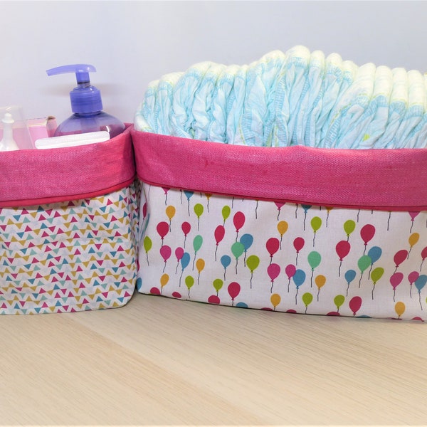 Duo de panière à couche et panier de rangement pour la table à langer lin enduit rose 3t coton imprimé chevrons