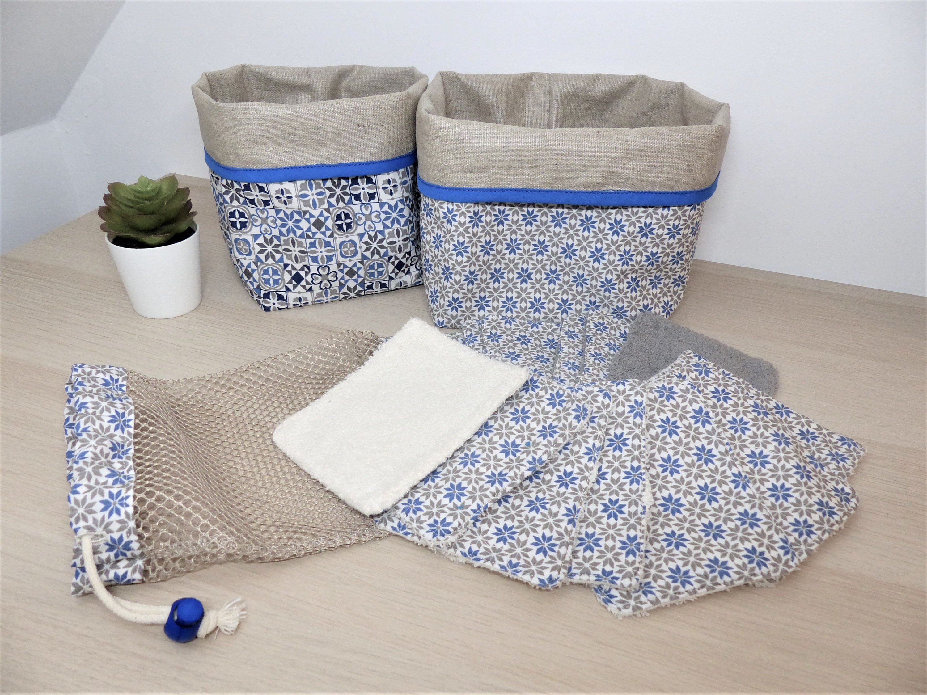 Panier de Rangement, Panières, Lingettes Lavables Démaquillante en Éponge et Coton Imprimé Bleu Gris