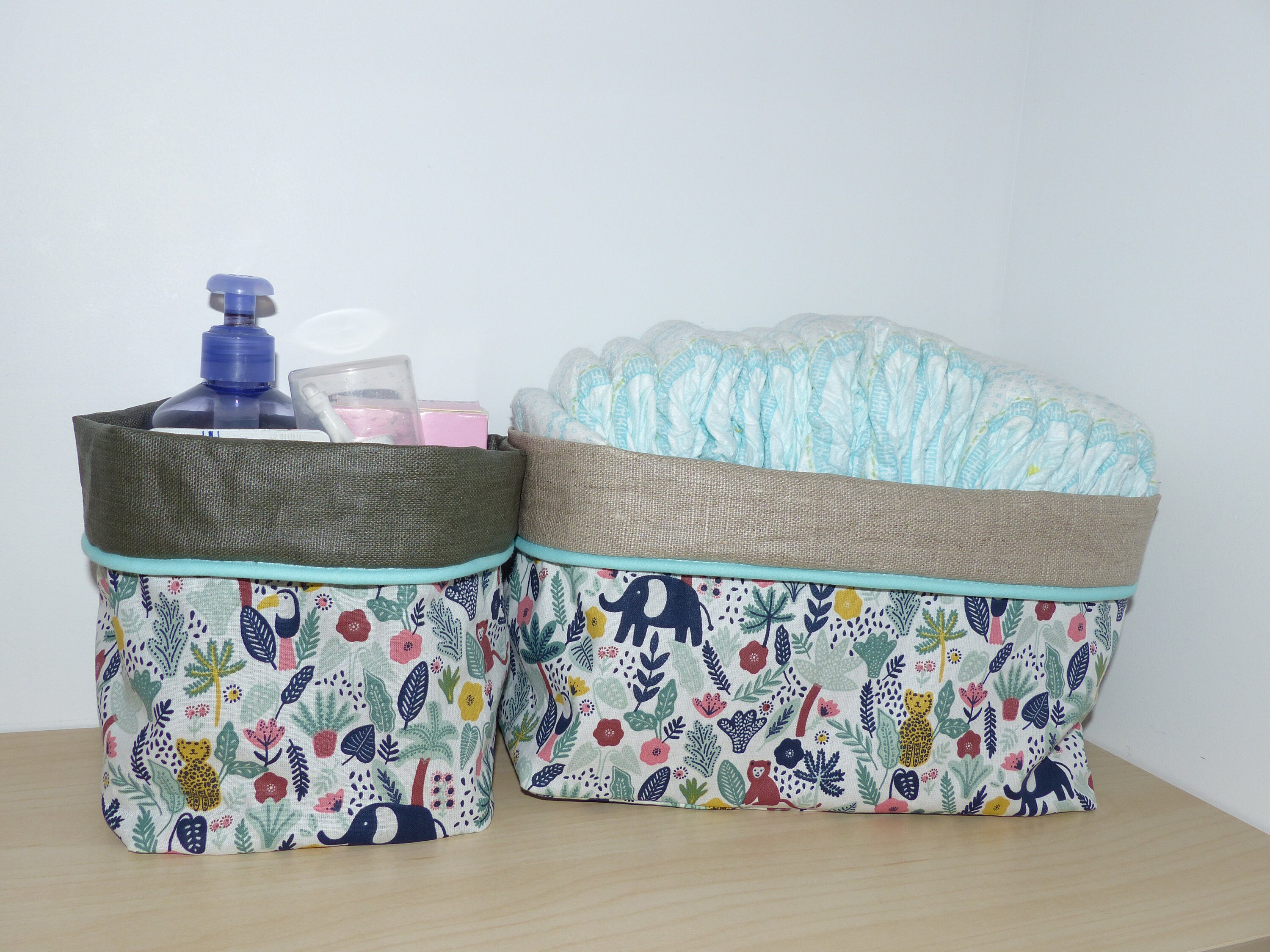 Panier à Langer En Coton - Organisateur Avec Compartiments, Dimensions 38x25x17 Cm, Poignée, Rose, Vert, Kaki