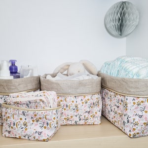 Fabric storage basket, changing table storage, coated linen and flower printed cotton diaper basket