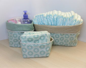 Panière, empty pocket, storage basket in natural coated linen and cotton printed rosettes green mint and washable wipes