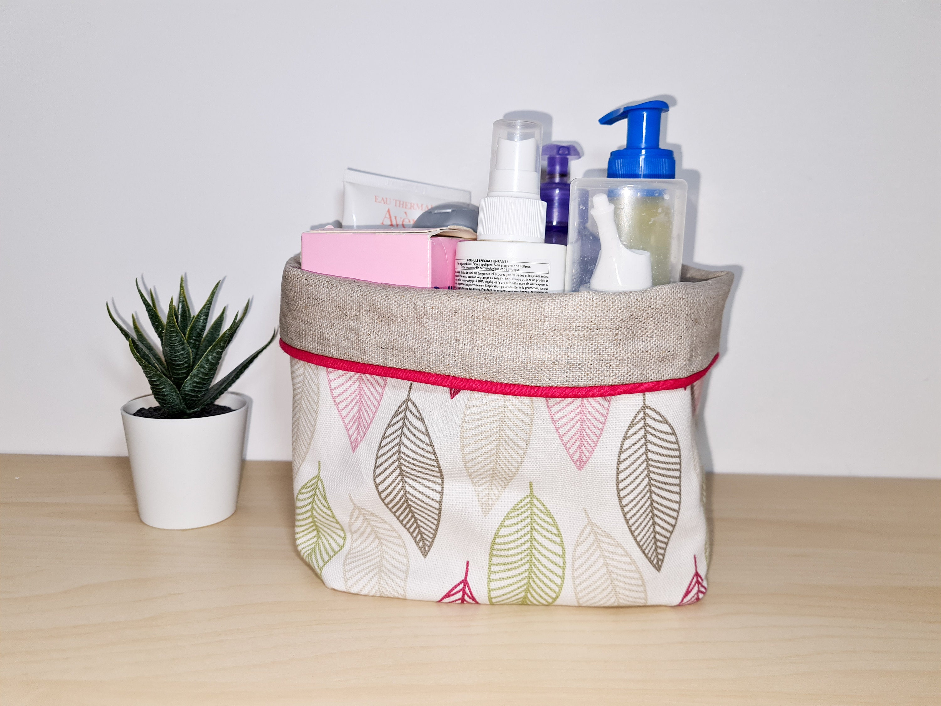 Panière 16cm X 16cm, Panier de Rangement Moyen, Corbeille , Cache Pot en Lin Enduit et Imprimé Feuil