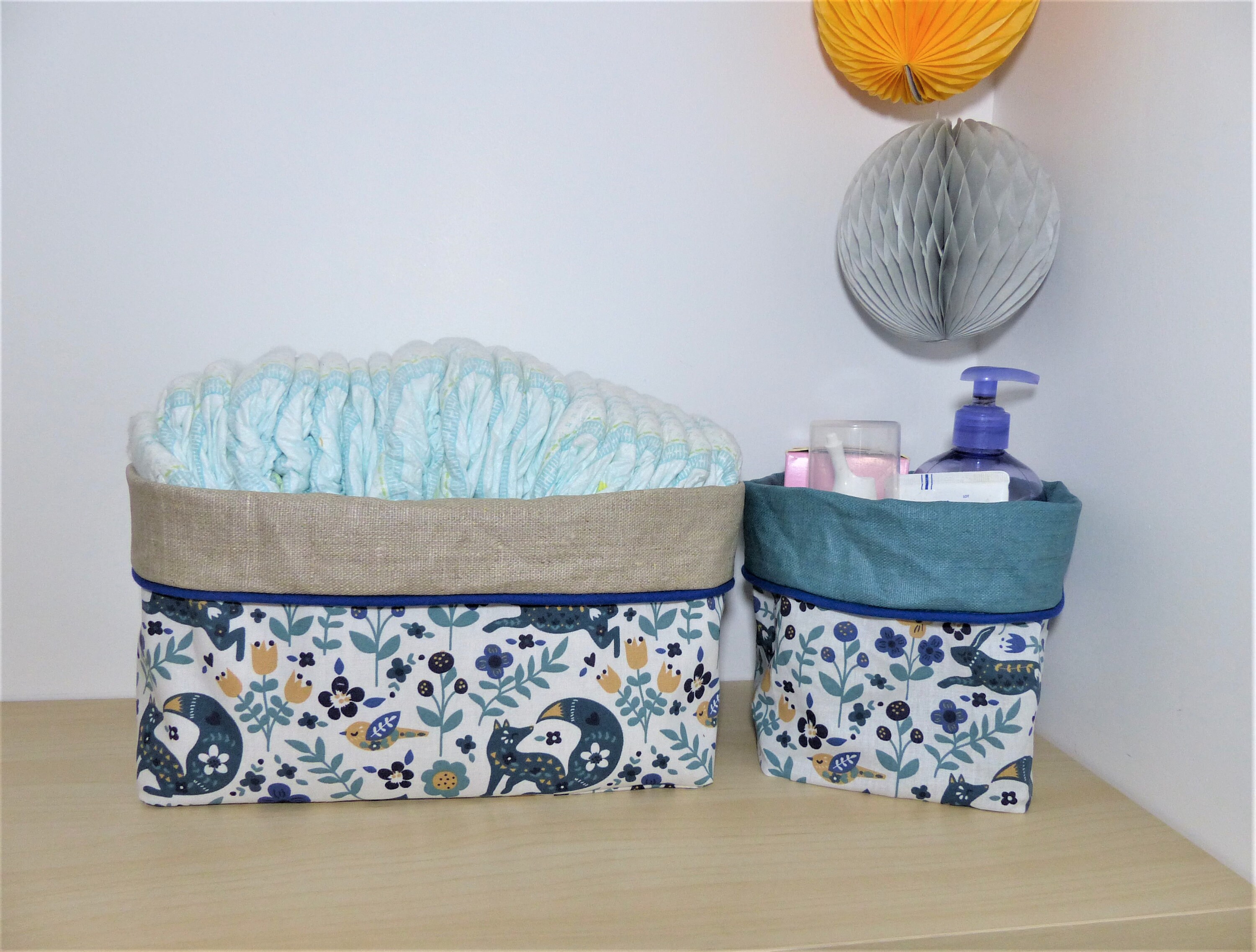 Corbeille à Couche, Panier de Rangement, Panières Table Langer en Coton Imprimé Animaux La Foret et 