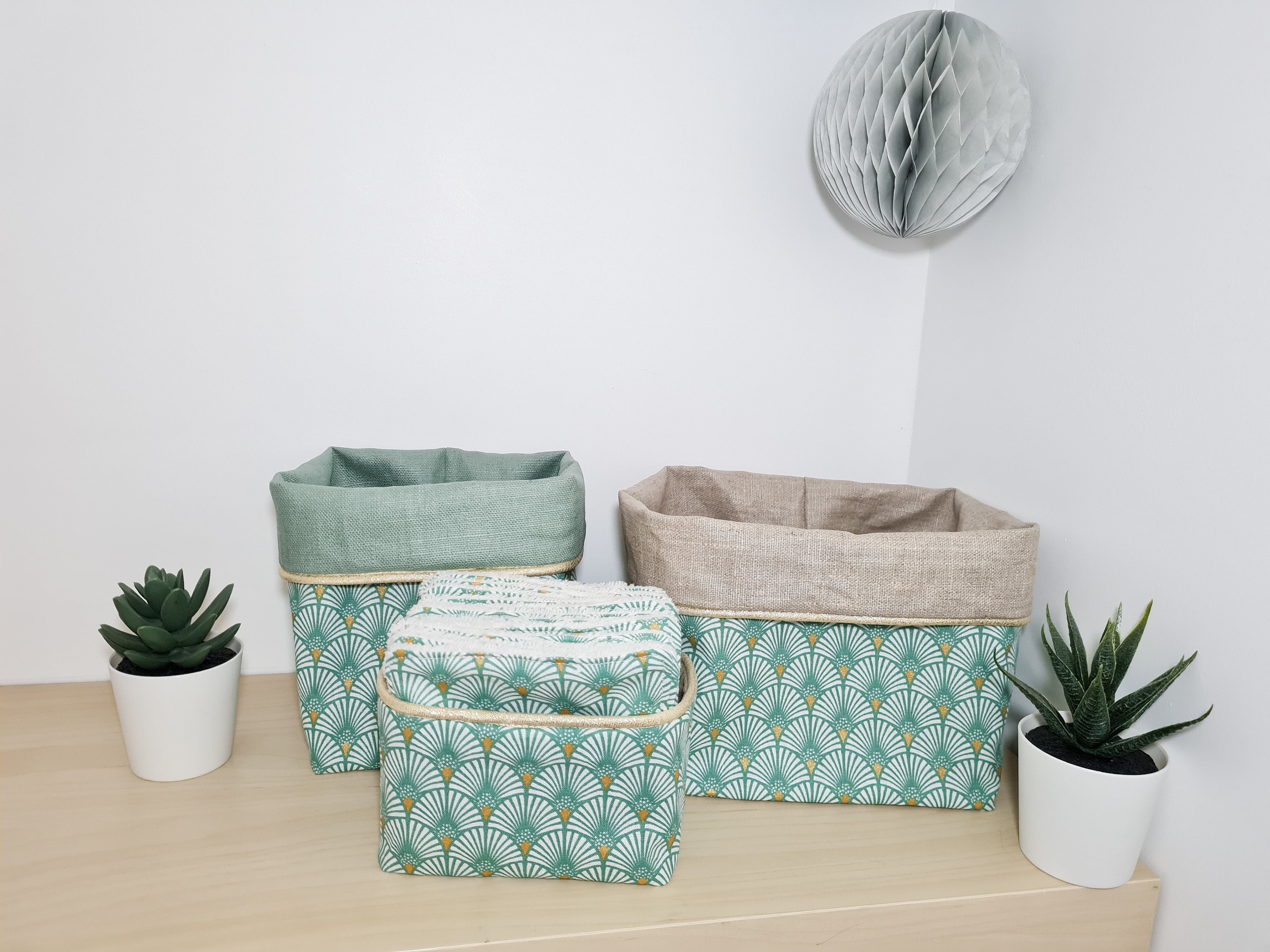 Panière, Vide Poche, Panier de Rangement en Tissu 16cm X 16cm, Lin Enduit Vert et Coton Imprimé Éven