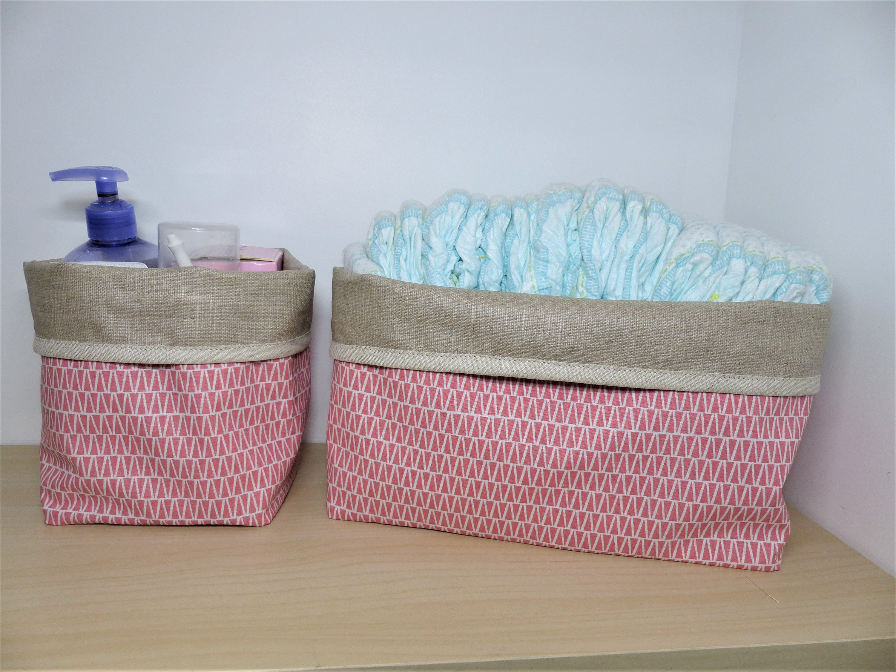 Panier de Rangement Bébé, Panière en Tissu, Corbeille Table à Langer Coton Imprimé Géométrique et Li