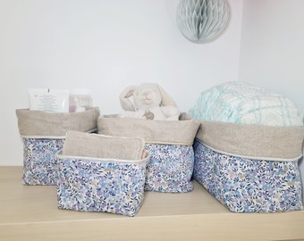 Panières de table à langer, corbeille à couche, panier de rangement en tissu : liberty wiltshire Lilas et lin enduit naturel