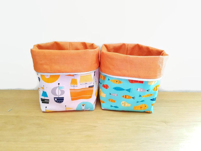 Duo de Panières, Paniers Rangement, Corbeilles Réversibles Coton Imprimé Thème Marin Designer