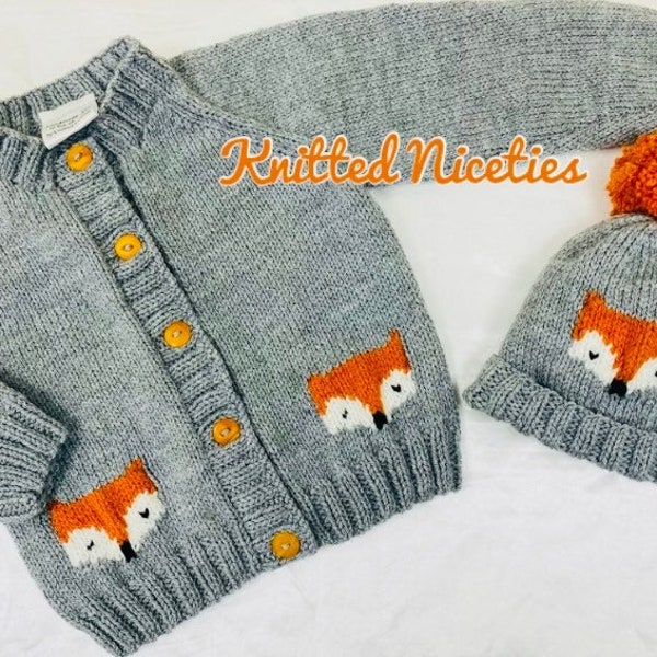 Fox Cardigan & Beanie or Bobble Hat; Hand Knit Baby Clothing