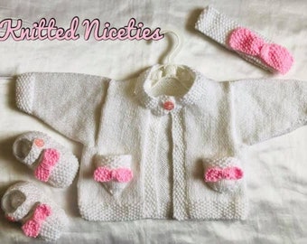 Bow Cardigan, Pram Shoes & Headband, Hand Knit Baby Clothing