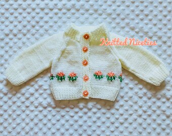 Flower Cardigan; Bonnet & Sandals, Hand Knit Baby Clothing