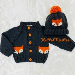 Fox Cardigan & Beanie or Bobble Hat, Hand Knit Baby Clothing Slate Grey