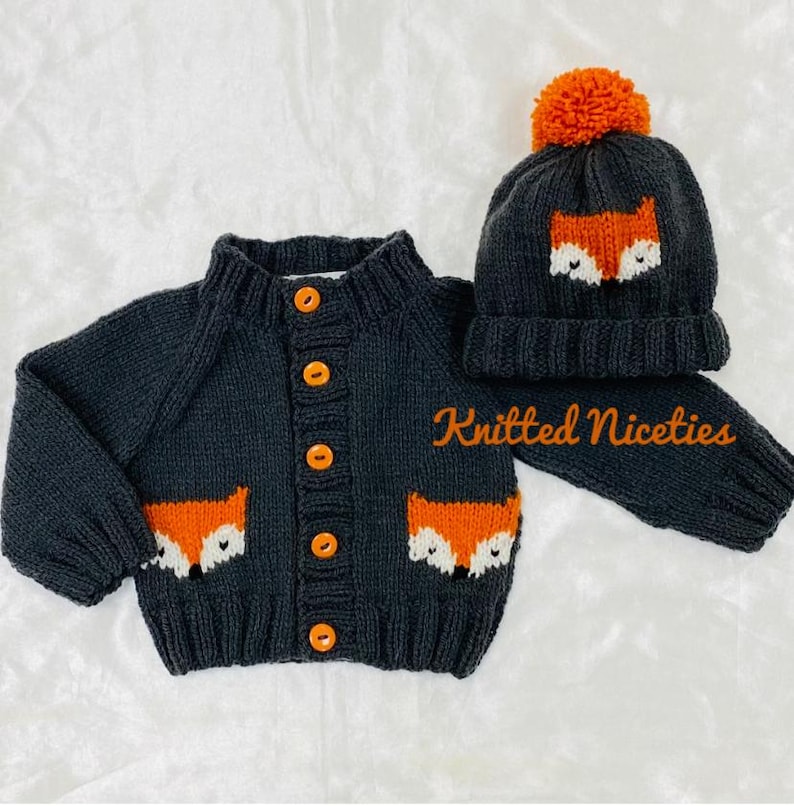 Fox Cardigan & Beanie or Bobble Hat, Hand Knit Baby Clothing Slate Grey