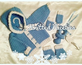 Duffle Hoody; Booties; Mittens, Hand Knit Baby Clothing