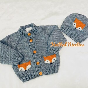 Fox Cardigan & Beanie or Bobble Hat, Hand Knit Baby Clothing zdjęcie 8