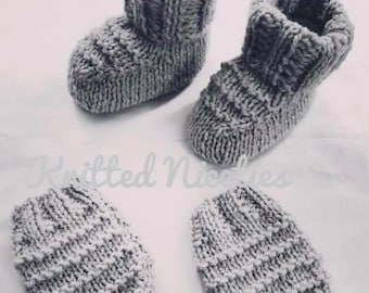 Hand Knitted Baby Booties, Mittens & Hat Set