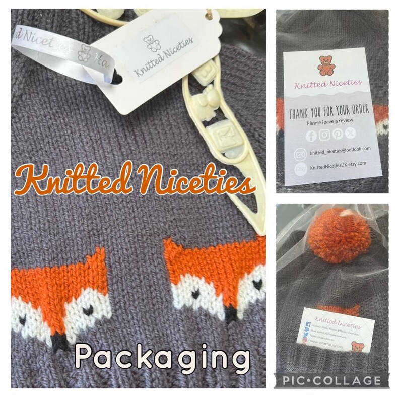 Fox Cardigan & Beanie or Bobble Hat, Hand Knit Baby Clothing zdjęcie 13