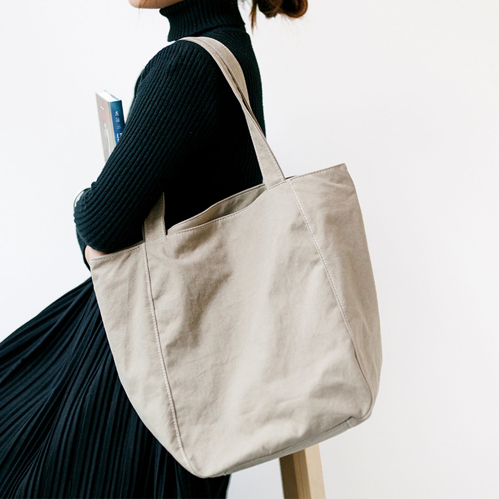 Large Khaki Canvas Tote Bag Shopping Bag Grocery Bag Tote Bag Etsy