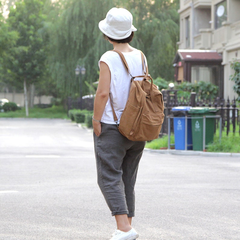 Brown Canvas Backpack Tote Bag Canvas Tote Backpack Shoulder Etsy