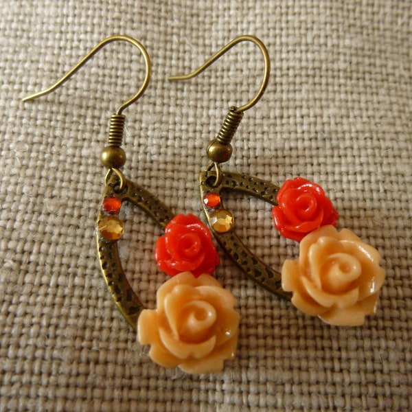 Boucles d'oreilles strass et fleurs rouges et saumon