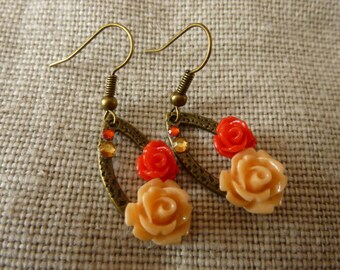 Boucles d'oreilles strass et fleurs rouges et saumon