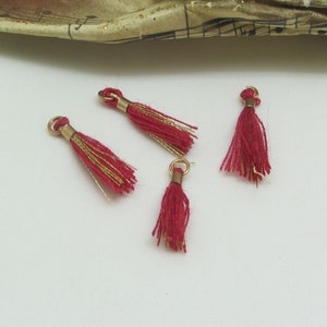 2 Mini Red Textile Pompoms, Gold Filaments, Gold Fastener, 1.8 cm