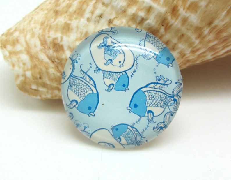 1 Cabochon Round Glass Summer Marine Blue Fish image 2